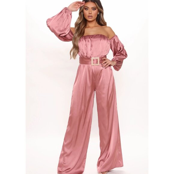 Fashion Nova Stay Fabulous Mauve Satin Off‑Shoulder Belted Wide‑Leg Jumpsuit S - Picture 1 of 5